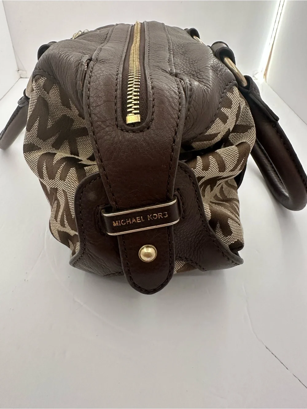 Vintage Michael Kors Brown MK Monogram Leather Satchel Bag Y2K Shoulder Purse